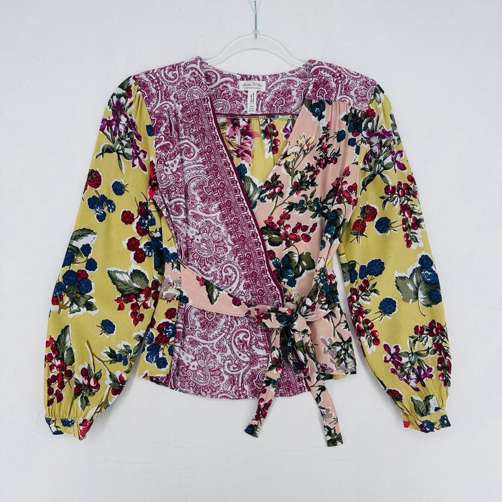 Anthropologie Meadow Rue Top Size 0 Colorful Floral Wrap Mixed Patchwork